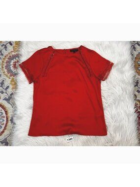 Donna Karan Womens Blouse Orange XS Short Sleeve Crochet Satin Solid Career